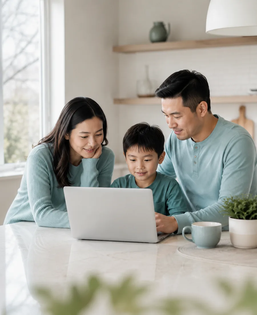 Parents and their child sharing a moment around a laptop at home.