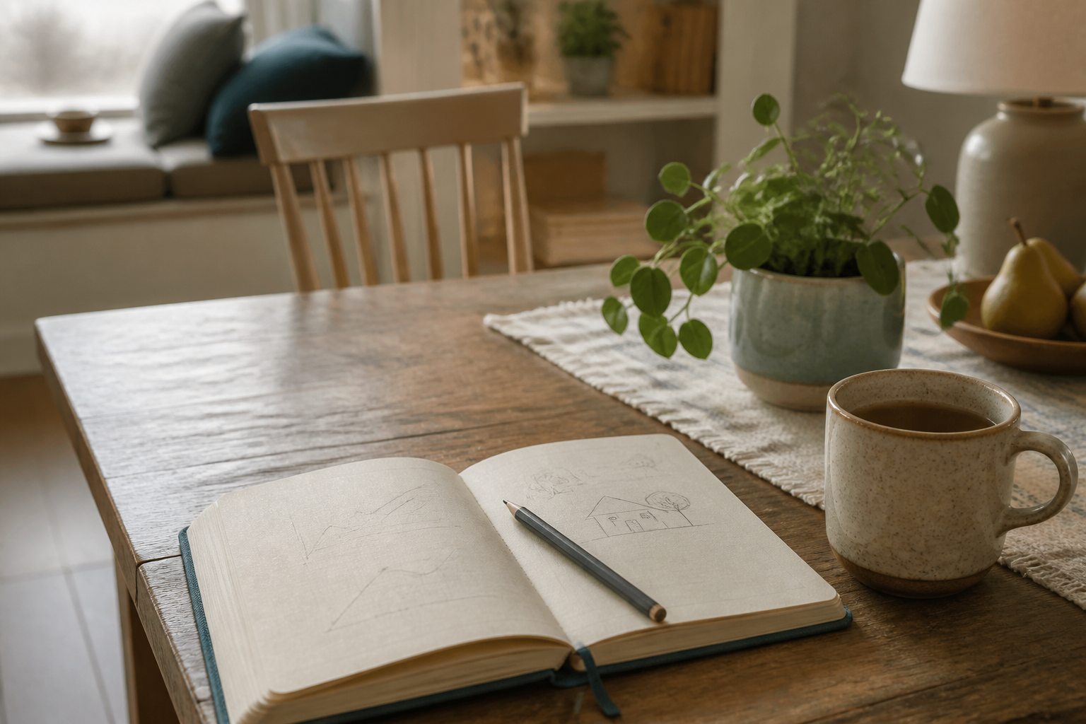 An open notebook, pencil and mug on a dining table